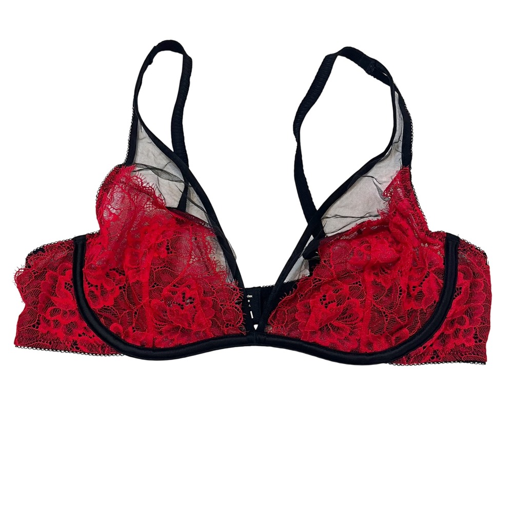 Soma Breathtaking Unlined Plunge Bra 34C Red Black Floral Lace Underwire 0917